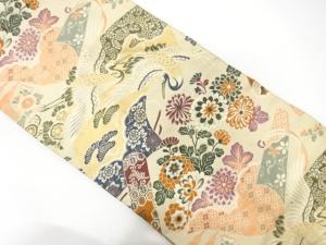 アンティーク　鶴に巻物・草花模様織り出し名古屋帯（材料）